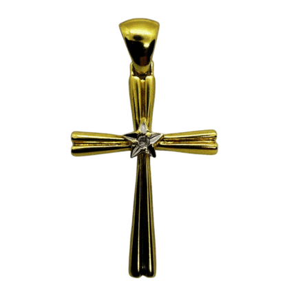 18K Yellow Gold Cross Pendant with Star Design and 1.60mm Diamond
