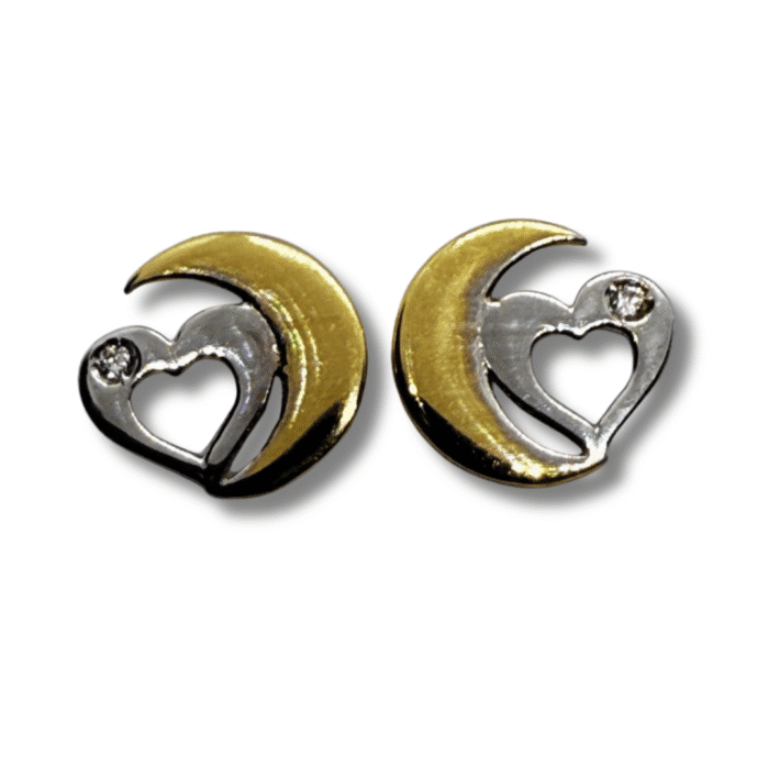 Moon and Heart Two-Tone Earrings with Zirconia – 18K Gold - Image 1