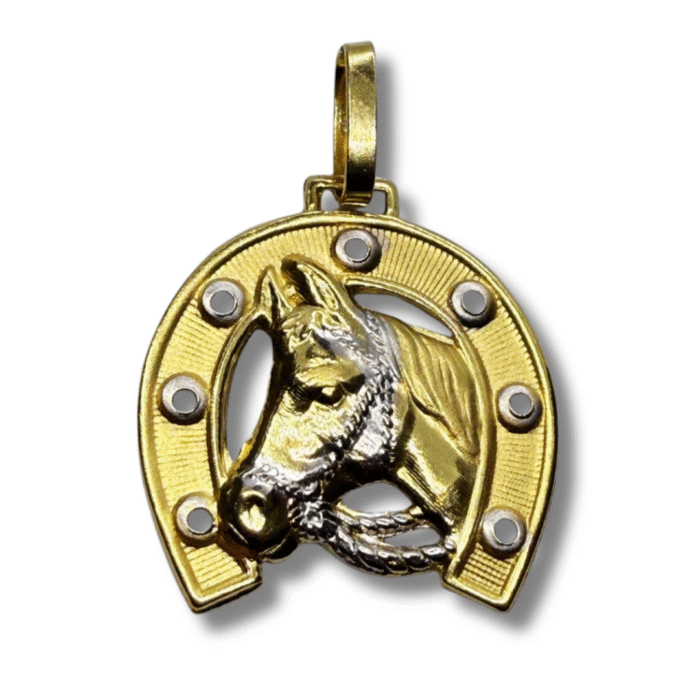 Horse Head and Horseshoe Pendant – 18K Yellow Gold - Image 1