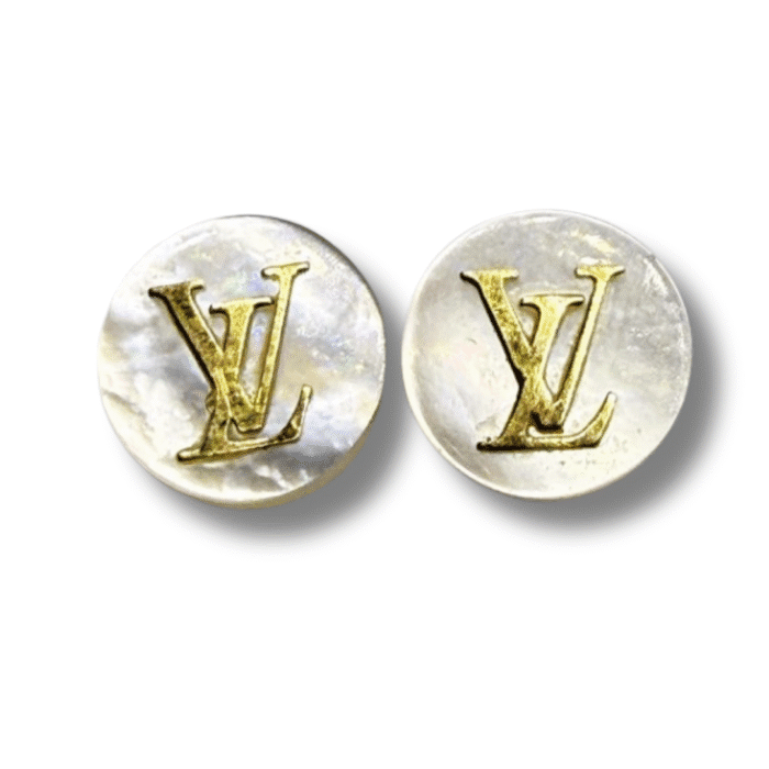 18k Yellow Gold Earrings with Mother-of-Pearl and LV Initials – Screw Backs - Image 1